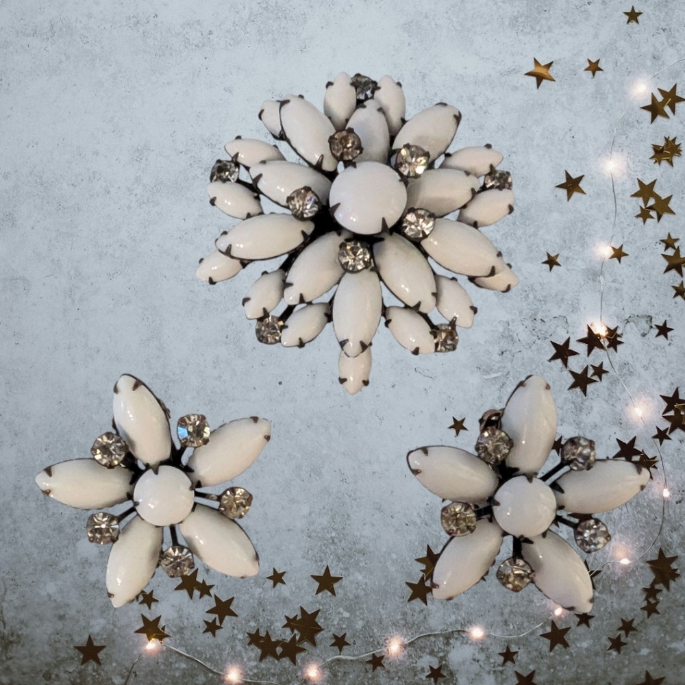 Milk Glass &  Rhinestone Domed Flower Brooch & Earring Set, Vintage, Prong Set